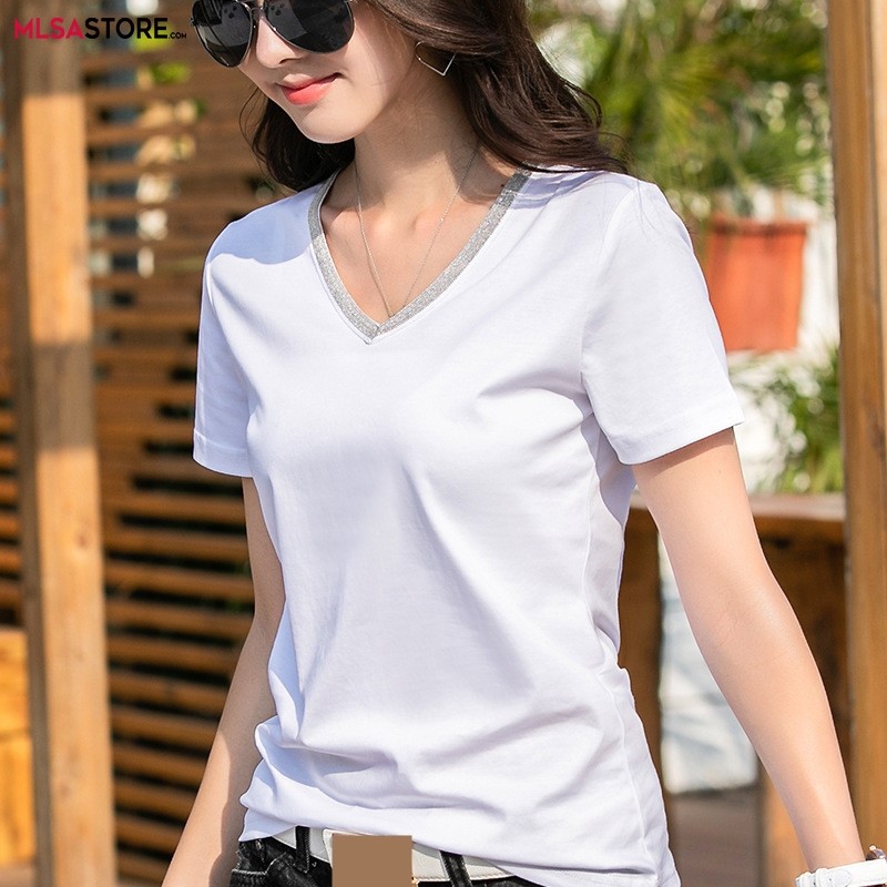 2024 Brand New Cotton Women's T-Shirt Short Sleeve Metal Chain V Collar Leisure T-shirt for Female Solid Color Tops Tshirt